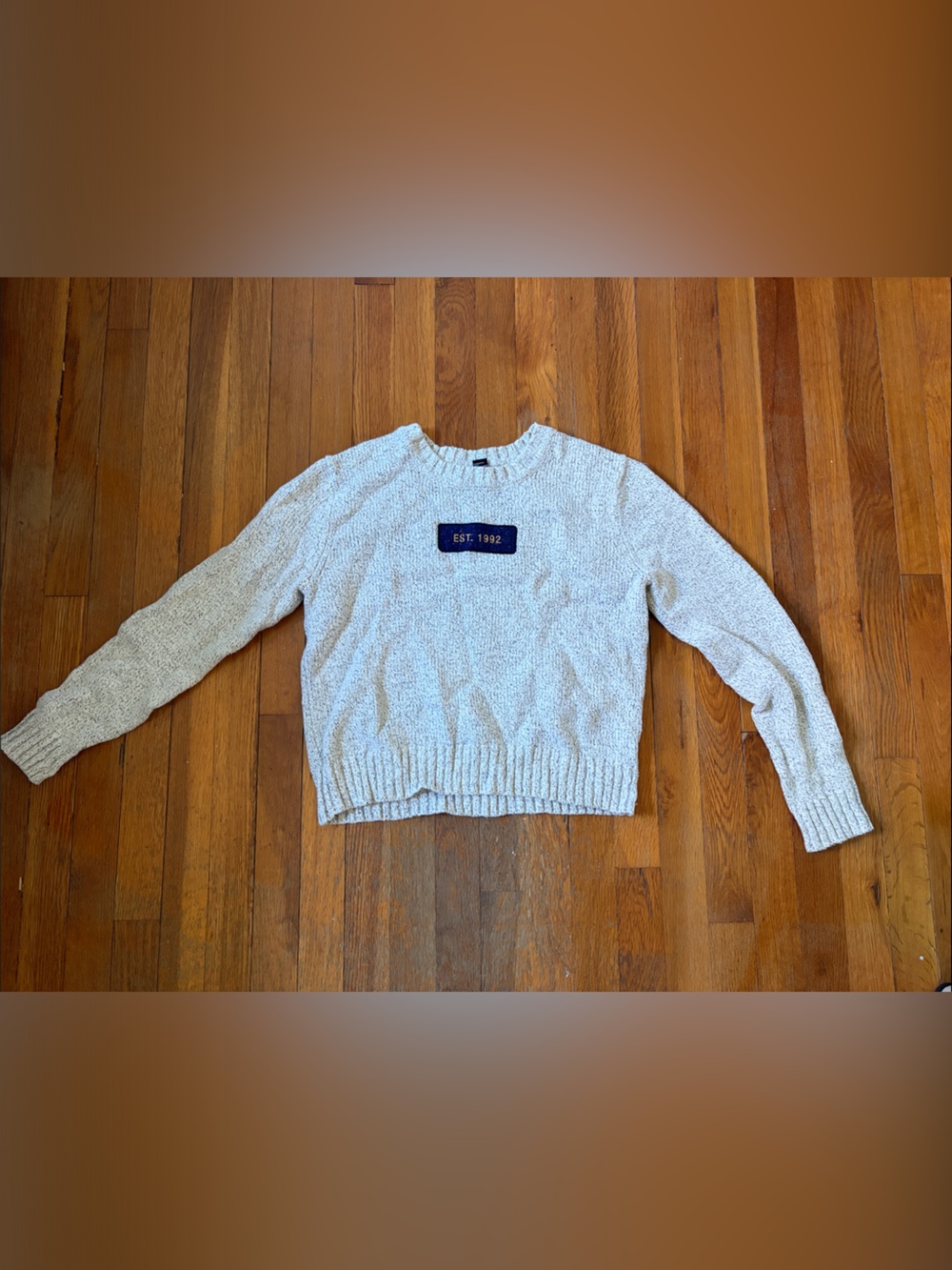 Forever 21 Cream Crewneck Sweater with Navy Patch "EST. 1992"